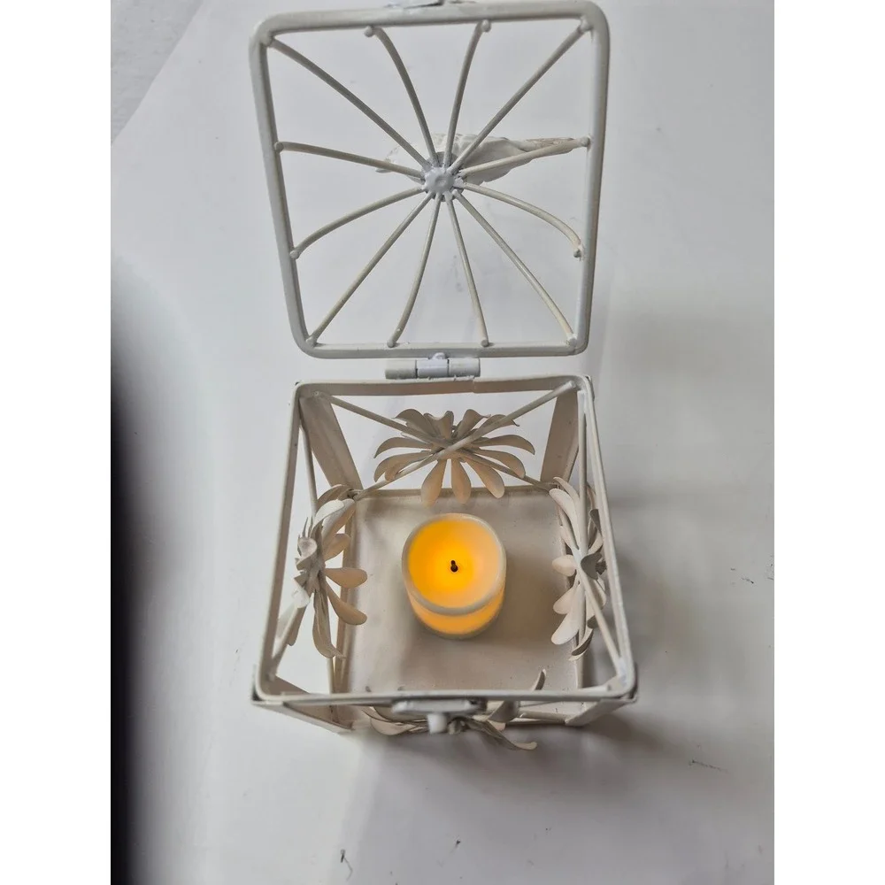 Vintage Shabby Chic White Metal Birdcage Lantern Floral Tea Light Holder 6.5in